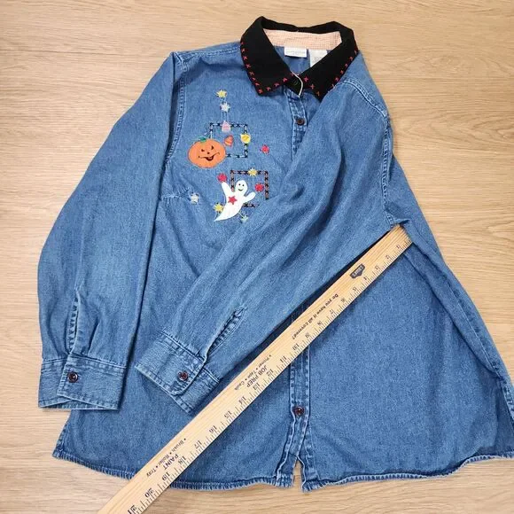 White Stag Denim Shirt Embroidered Fall Pumpkin Corduroy Collar 16W Plus Jean - Picture 7 of 11